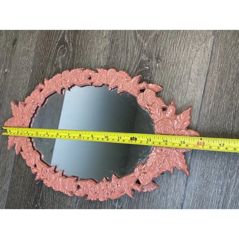Vintage Oval Ornate Cast Metal Wall Hanging Mirror 16x9” Pink